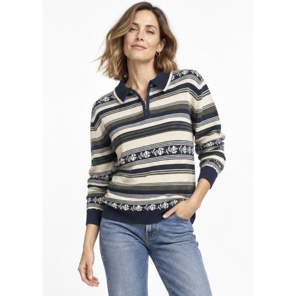 Rhythm Striped Half Zip Collared Knit Sweater Navy Cream Olive Medium